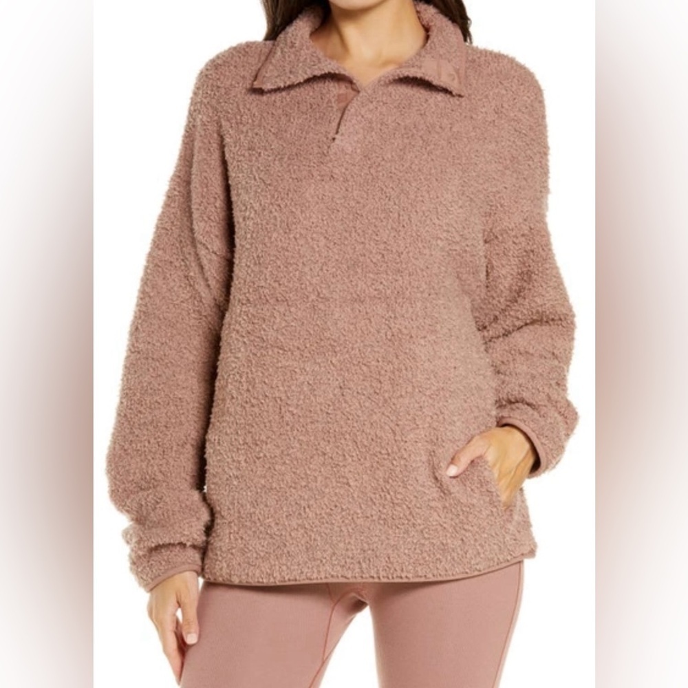 SKIMS Cozy Knit Pullover Teddy Fleece Sz S/M Rose Clay Snaps Button Fuzzy Warm